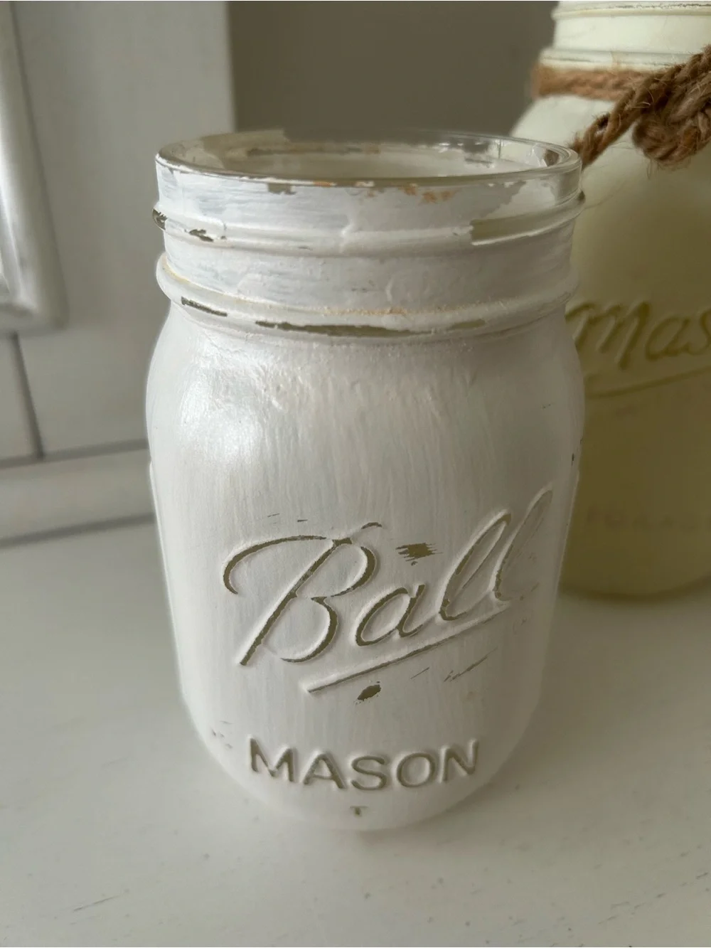 Mason Painted Jar Bathroom Set White and Cream Flower Vase/kitchen utensils etc